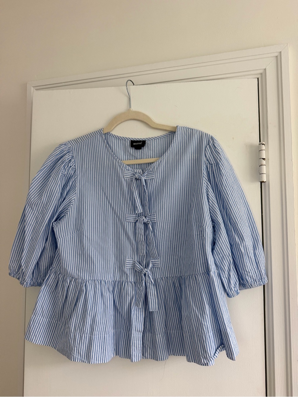 RD Style Blue and White Striped Tie-Front Peplum Blouse